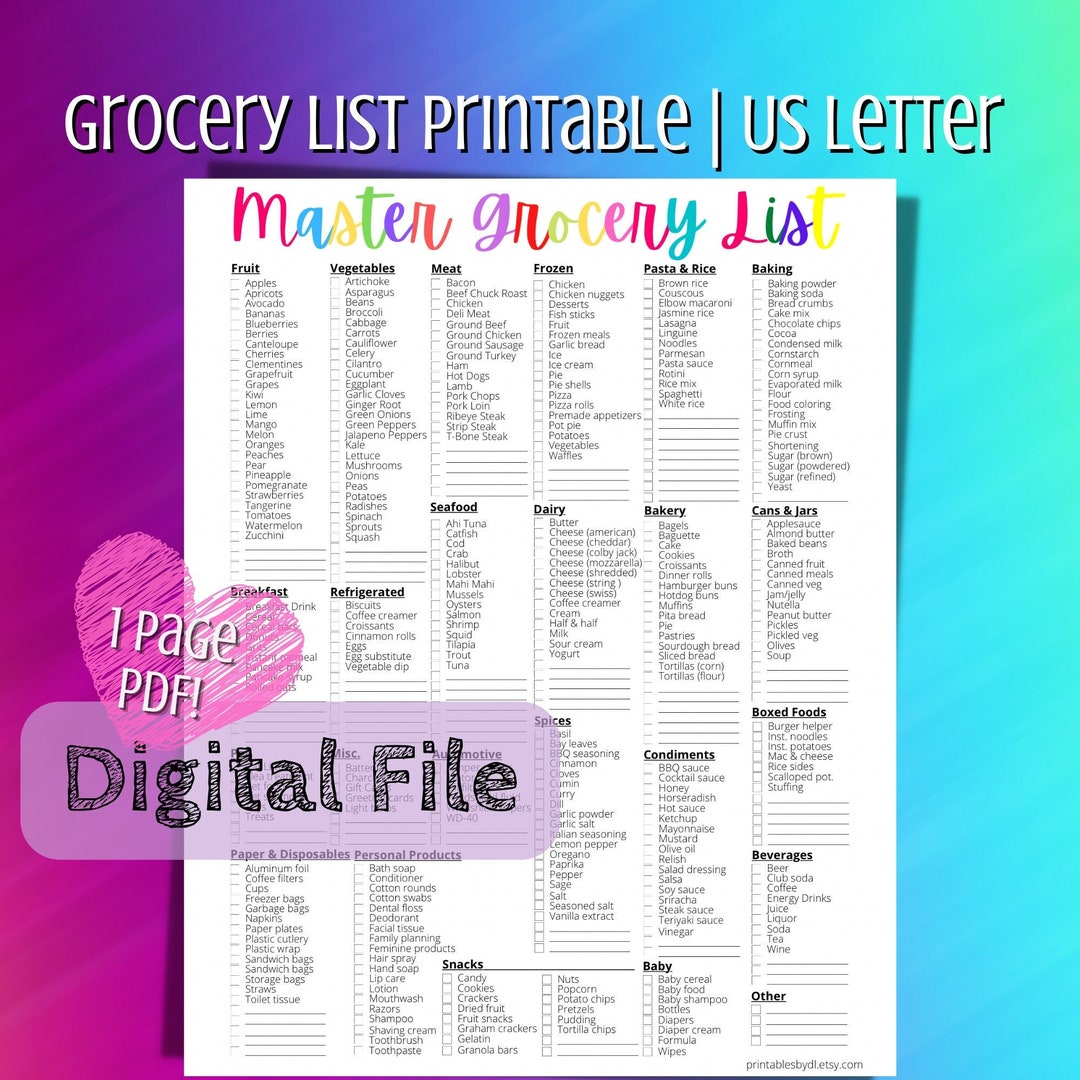Master Grocery List Printable With Divided Sections Instant - Etsy