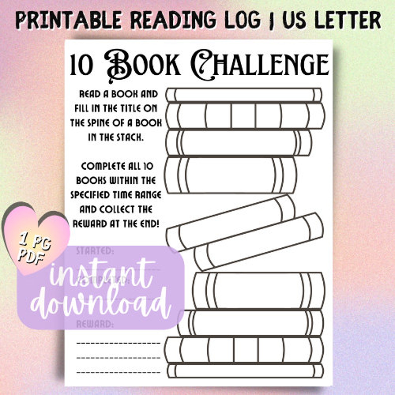 10 Book Challenge Printable Book Log Reading Tracker | Book Stack ...