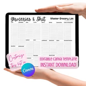 Bearbeitbare Lebensmittel & Shit Master-Lebensmittelgeschäftliste Canva-Vorlage | Bearbeitbare leere Einkaufsliste | Sofort Download
