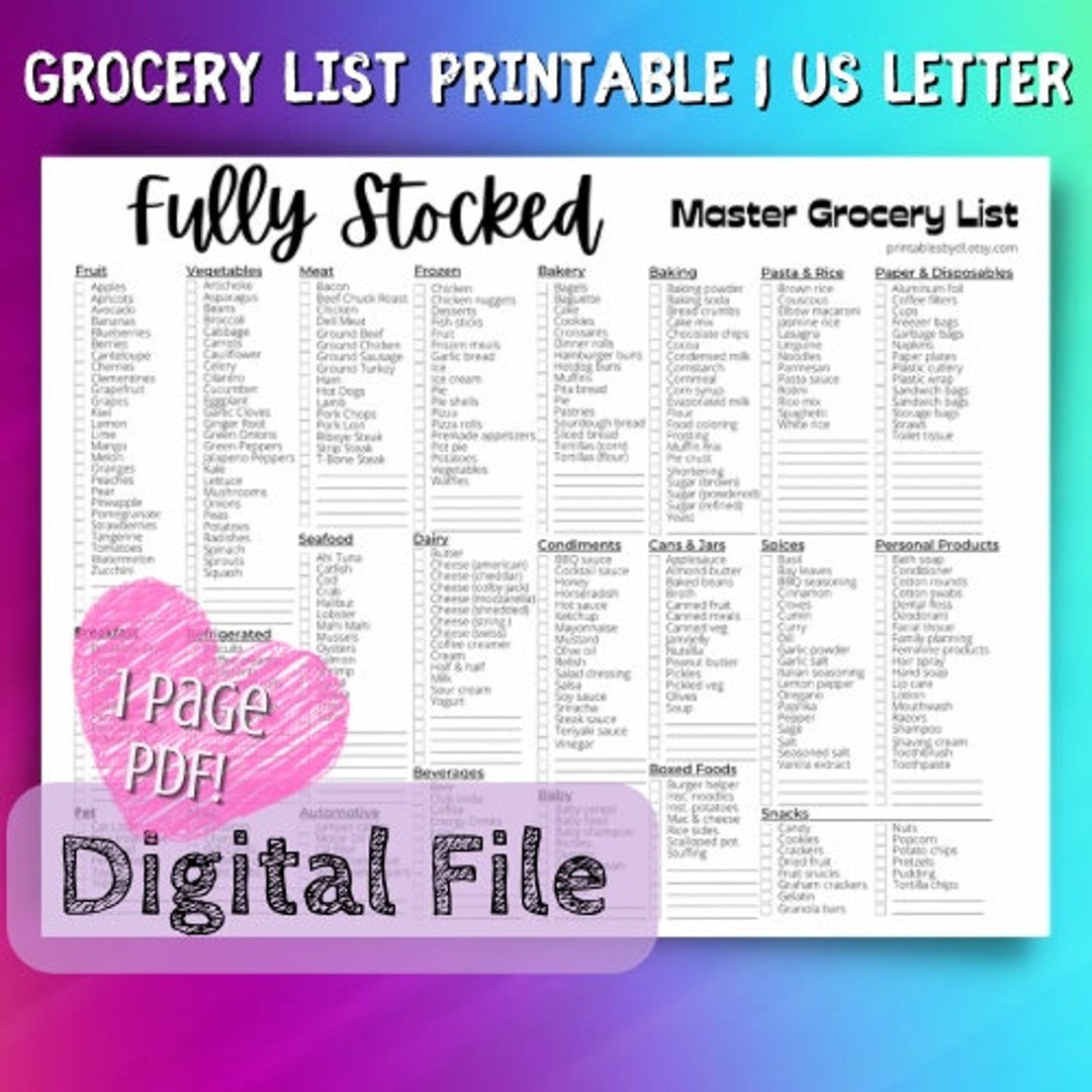 Master Grocery List Printable With Divided Sections Fully Stocked ...