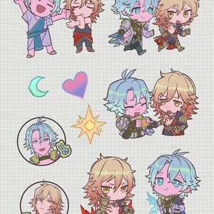 May include: A digital illustration sheet featuring chibi-style characters with light blue and blonde hair in various poses and outfits. Includes icons of a crescent moon, a heart, and a star, all set against a light grid background with teal borders.