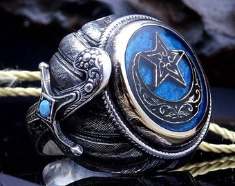 The Star and Crescent Sterling Silver Ring,''Color Options'', Handmade Engraving,Custom Design,925k Sterling Silver,Personalized Jewelry