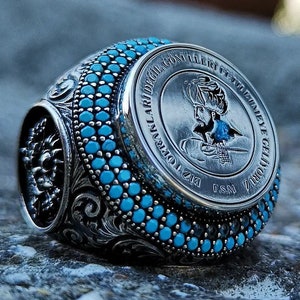 Turquoise Ottoman Silver Ring, 925k Sterling Silver, Ottoman Flag,Blue Handmade Silver Ring,Ottoman Coat of Arms Silver