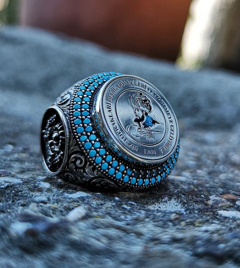 Turquoise Ottoman Silver Ring, 925k Sterling Silver, Ottoman Flag,Blue Handmade Silver Ring,Ottoman Coat of Arms Silver