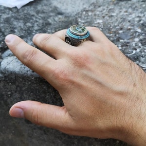 Turquoise Ottoman Silver Ring, 925k Sterling Silver, Ottoman Flag,Blue Handmade Silver Ring,Ottoman Coat of Arms Silver