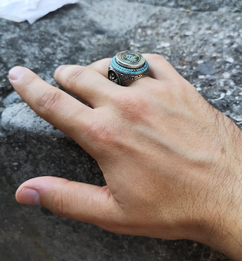 Turquoise Ottoman Silver Ring, 925k Sterling Silver, Ottoman Flag,Blue Handmade Silver Ring,Ottoman Coat of Arms Silver