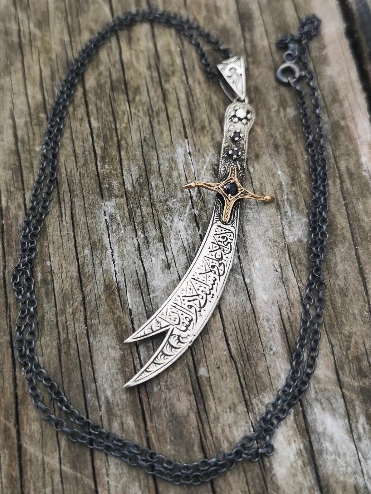 Black Stone Zulfiqar Silver Necklace, 925 Sterling Silver