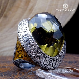Smoky Stone &quot;Beytullah&quot; Theme Silver Ring, 3D Kaaba Motif, Handmade Silver Ring, 925k Sterling Silver, Men Rings, Women Ring, Smoky Stone