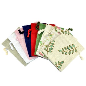 10x Mixed Colour Cotton Linen Gift Bags 3.9" x 5.5" Drawstring Jewellery Pouches Eco-friendly Wholesale Packaging