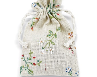 Floral Cotton Linen Gift Bags Drawstring Jewellery Pouches Eco-friendly Wholesale Packaging