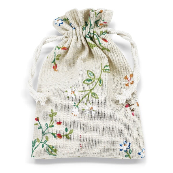 Floral Cotton Linen Gift Bags Drawstring Jewellery Pouches Eco-friendly Wholesale Packaging