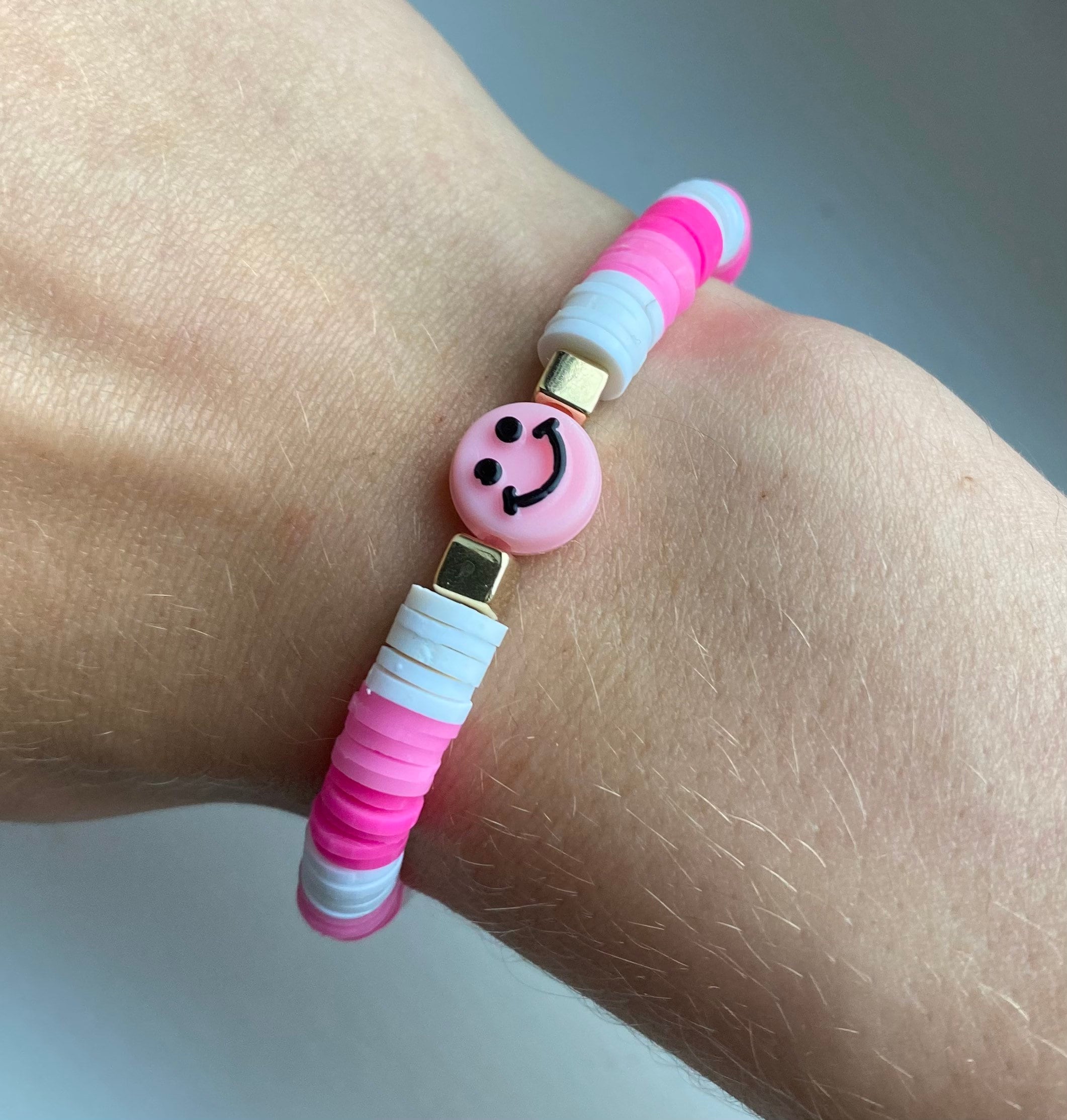 Preppy Pink Smily Face Clay Beaded Bracelet Etsy UK