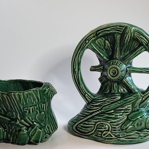 Vintage McCoy Ceramic Love Stump Planter and Wagon Wheel Vase Set