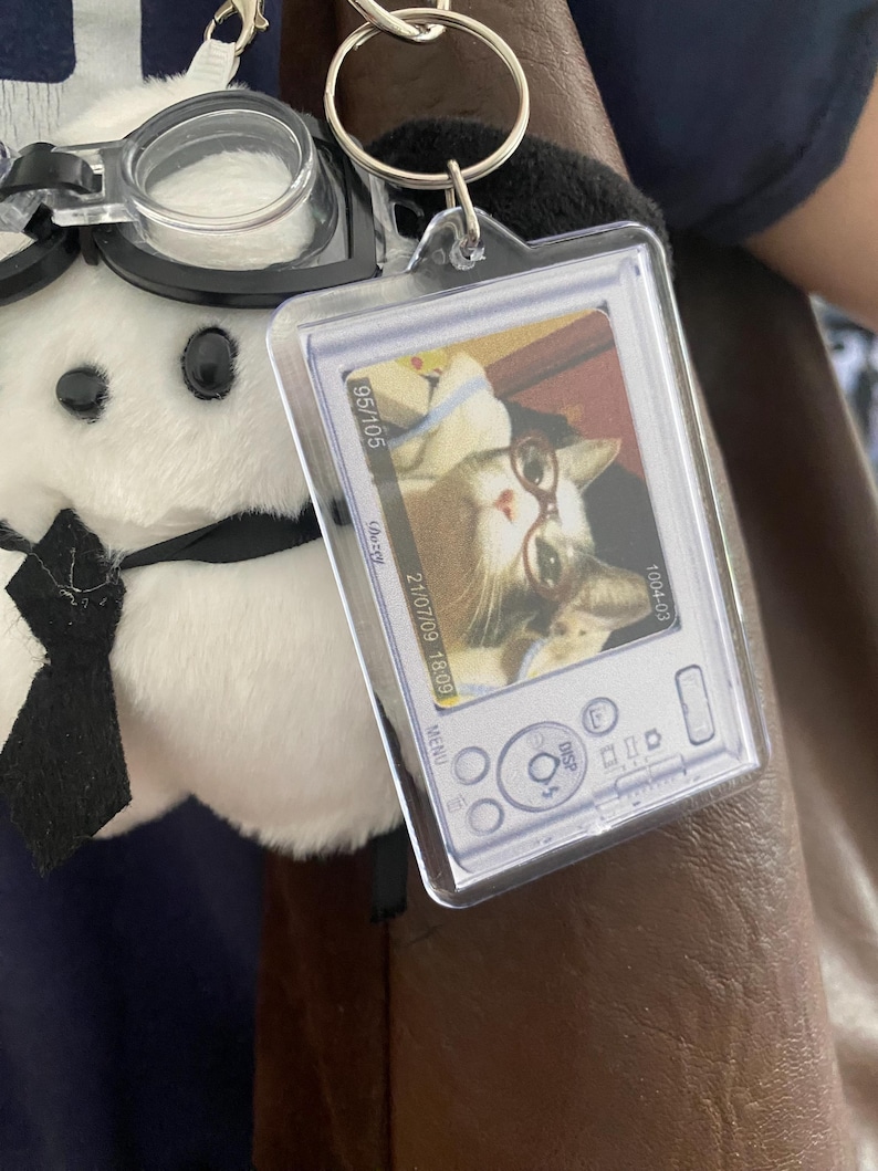 May include: A clear plastic keychain featuring a photo of a cat wearing glasses. The keychain is attached to a plush toy with a black tie and a pair of clear plastic glasses. The photo has the date 2/07/09 18:09.