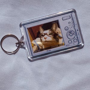 May include: A clear acrylic keychain featuring a digital camera design with a photo of a cat wearing glasses. The photo has the date 21/07/09 and the numbers 95/105. The keychain has a silver-colored ring.