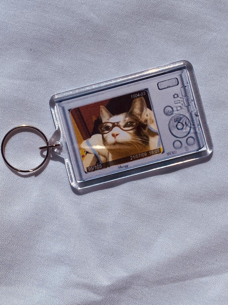 May include: A clear acrylic keychain featuring a digital camera design with a photo of a cat wearing glasses. The photo has the date 21/07/09 and the numbers 95/105. The keychain has a silver-colored ring.