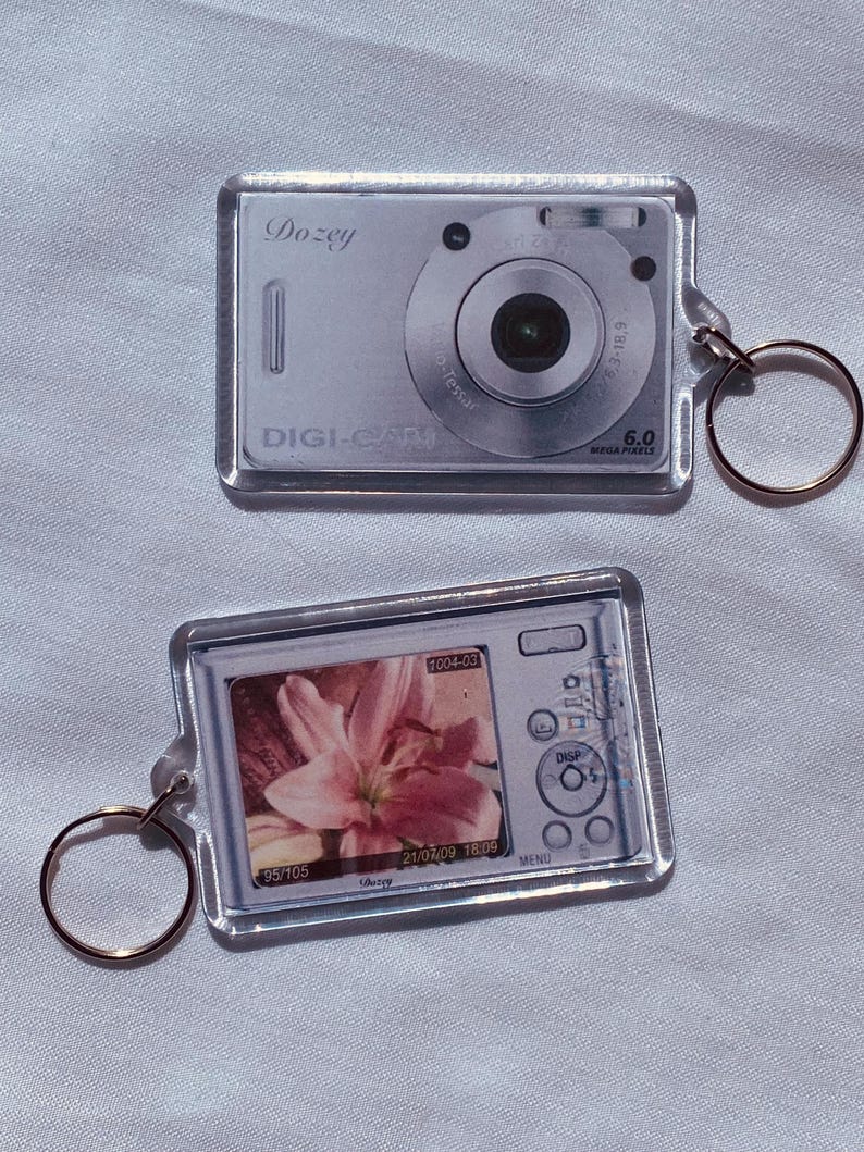 May include: Two clear acrylic keychains shaped like digital cameras. One keychain shows the front of the camera with the text "Dozey" and "DIGI-CAR". The other keychain displays a photo of a pink flower on the screen.