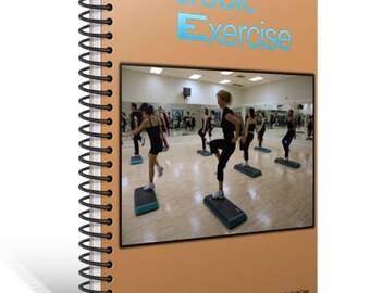 May include: A brown spiral bound book with the title "Aerobic Exercise" in blue and white text. The cover features a photo of people exercising on a step platform in a gym.