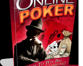 May include: A red and white book cover with the text "ONLINE POKER" in large, bold letters. The cover also features a man in a fedora and suit, holding a poker chip, and a pile of money and playing cards.