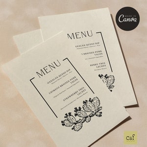 Szablon menu na przyjęcie obiadowe | Edytowalny szablon Canva Desert Cactus | Pobieranie cyfrowe | CF003