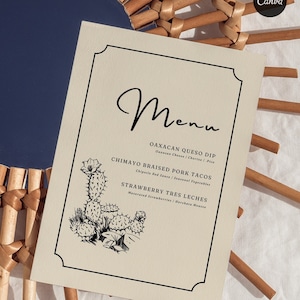 Edytowalny szablon Canva Menu na przyjęcie obiadowe | Motyw Desert Cactus | Pobieranie cyfrowe | CF004