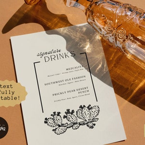 Szablon menu baru koktajlowego Signature | Edytowalny szablon Canva Desert Cactus | Pobieranie cyfrowe | CF001