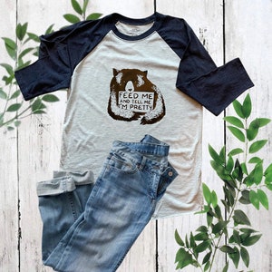 Feed Me Bear Graphic Baseball T-Shirt: Unisex Cotton 3/4 Sleeve