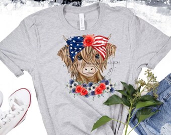 Highland Cow Fourth of July T-shirt: Patriotic USA Tee