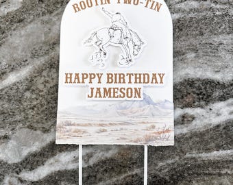 Western Cowboy Birthday Cake Topper, Rootin’ Tootin’ Two-tin, Personalized Name (2nd Birthday)