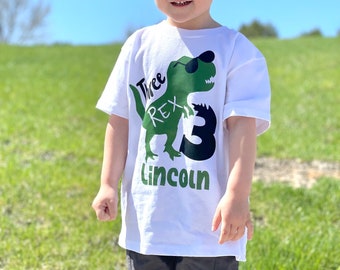 Three Rex Dinosaur Birthday T-shirt: Green & Black Bday Shirt