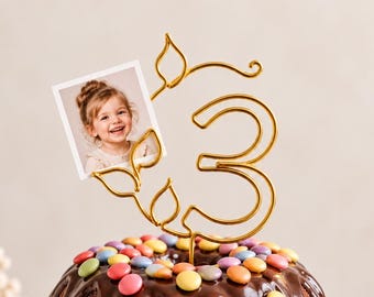Décoration de gâteau pour un 3e anniversaire avec porte-photo | Figurine de gâteau en fil de fer numéro 3 | Fête d'anniversaire bohème pour enfants | Décoration de gâteau photo