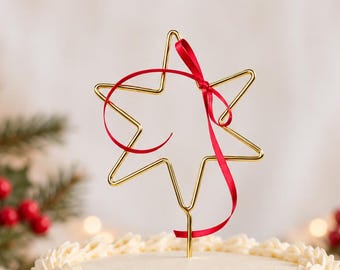 Star cake topper with bow for Christmas cakes – Golden star wire cake topper | Coquette Christmas decorations