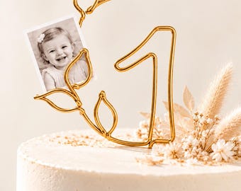 Décoration de gâteau pour un 1er anniversaire avec porte-photo | Figurine de gâteau en fil de fer numéro 1 | Fête d'anniversaire bohème pour enfants | Décoration de gâteau photo
