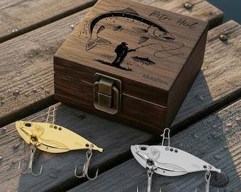 Angel Box mit Haken, personalisiert, Geschenk Vater Sohn, Angelhaken, Geschenk Mann, Angeln, Geschenke für Angler, Angelköder, Angeln