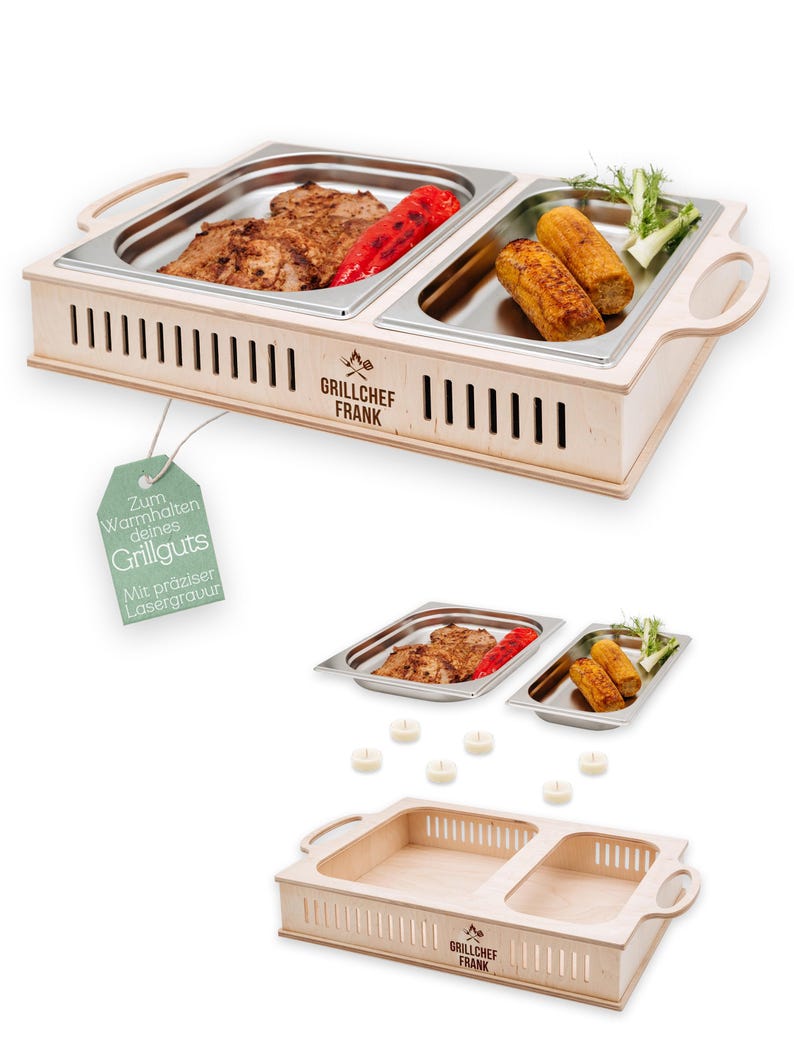 May include: A wooden food warmer with two stainless steel trays, holding grilled meats and vegetables. The warmer has handles and a slotted design. The text "Grillchef Frank" is visible on the front.
