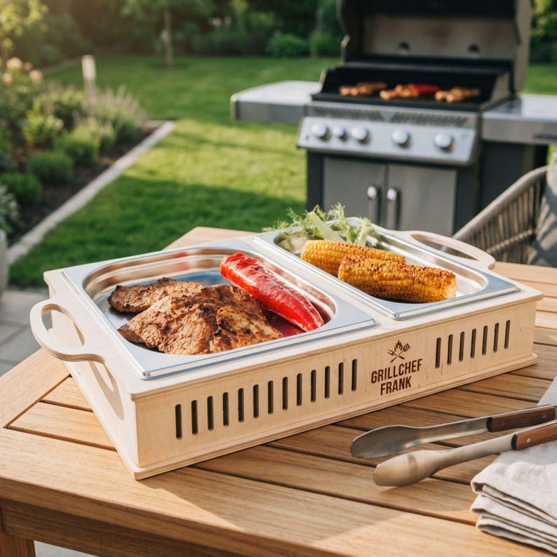 May include: A wooden serving tray with two stainless steel compartments, holding grilled steak, a red pepper, and corn on the cob. The tray has the text "GRILLCHEF FRANK" and is on a wooden table with grilling tools.