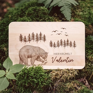 Holzbrett mit Gravur, Frühstücksbrett personalisiert, Brotzeitbrett Bär, Holzbrett personalisiert, Geschenk Camper, Jausenbrett
