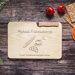 Frühstücksbrett mit Messer, Geschenke Männer, Brotzeitbrett personalisiert, Schneidebrett, Brett personalisiert, Jausenbrett