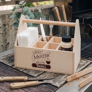 Grill, Grillmeister, Grill Caddy, Grillbutler, Besteckkorb, Geschenke für Männer, Geburtstag Mann, Grillparty, Grill Zubehör, Grillbox