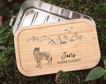 Brotdose personalisiert, Edelstahl Brotdose Trennsteg, Lunchbox Wolf, Brotdose Kind, Geschenke für Männer