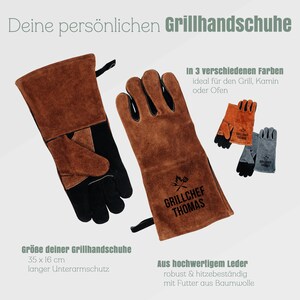 Op de afbeelding: Bruine leren grillhandschoenen met zwarte accenten en de tekst "GRILLCHEF THOMAS". De handschoenen zijn 35 cm x 16 cm met lange onderarmbescherming. De afbeelding toont ook handschoenen in andere kleuren.