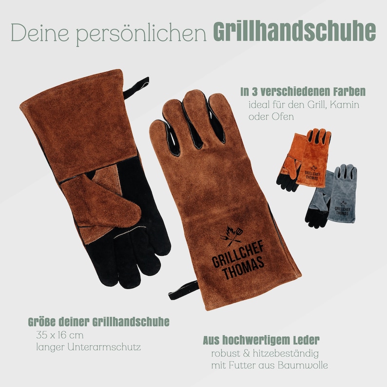 Op de afbeelding: Bruine leren grillhandschoenen met zwarte accenten en de tekst "GRILLCHEF THOMAS". De handschoenen zijn 35 cm x 16 cm met lange onderarmbescherming. De afbeelding toont ook handschoenen in andere kleuren.