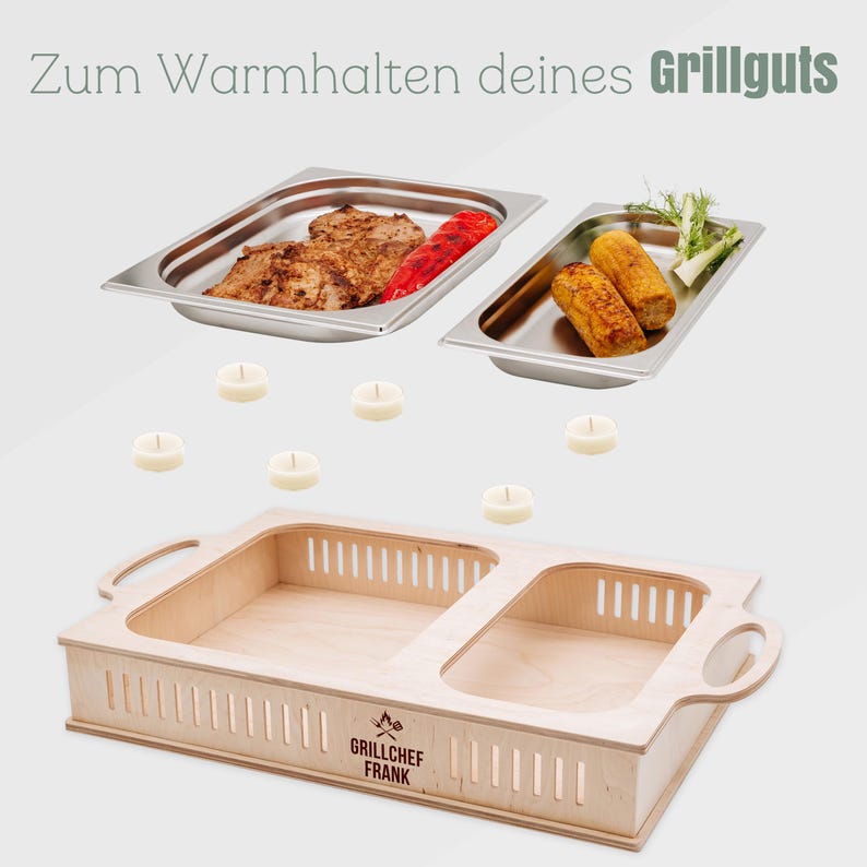 May include: A wooden food warmer with two stainless steel trays, holding grilled food. The warmer has a light wood finish and the text "Grillchef Frank". Tealight candles are scattered around the food. The text "Zum Warmhalten deines Grillguts" is at the top.