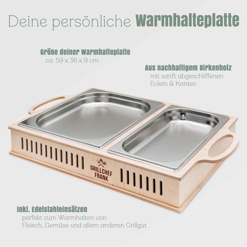 May include: A wooden food warmer with two stainless steel containers. The warmer has a light wood finish, a slotted front, and handles on the sides. The text "GRILLCHEF FRANK" is visible on the front.