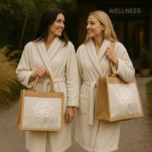 Puede incluir: Dos mujeres con batas color crema, cada una sosteniendo una bolsa de mano beige. Las bolsas tienen un panel blanco con un logotipo de flor de loto y las palabras "Wellness Auszeit" en plata. El fondo muestra un edificio con la palabra "Wellness".