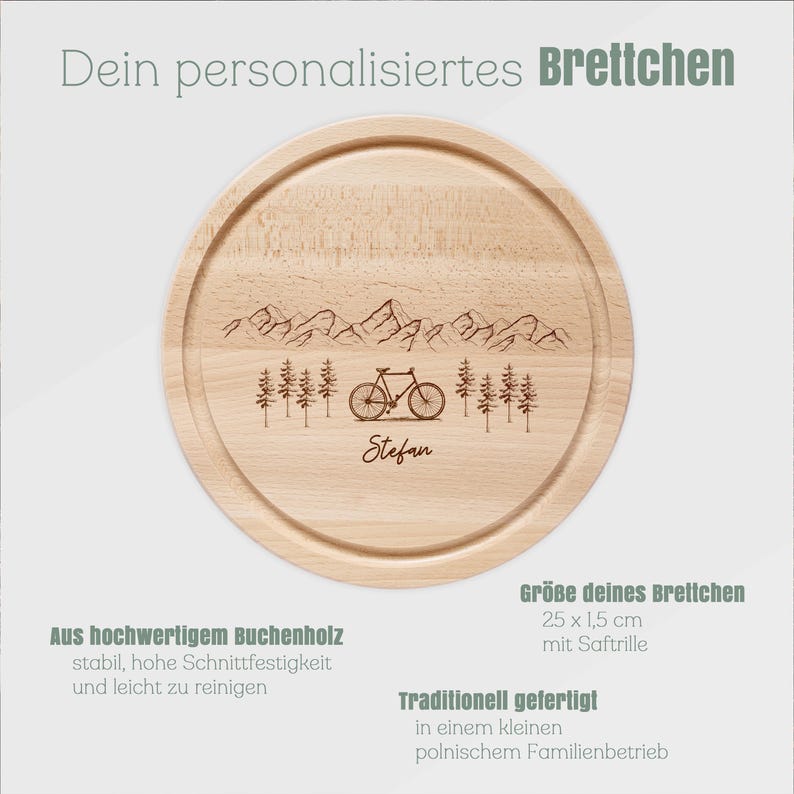 May include: A round wooden cutting board with a mountain and bicycle design. The board is made of beechwood and measures 9.8 inches in diameter and 0.6 inches thick. The name "Stefan" is engraved on the board.