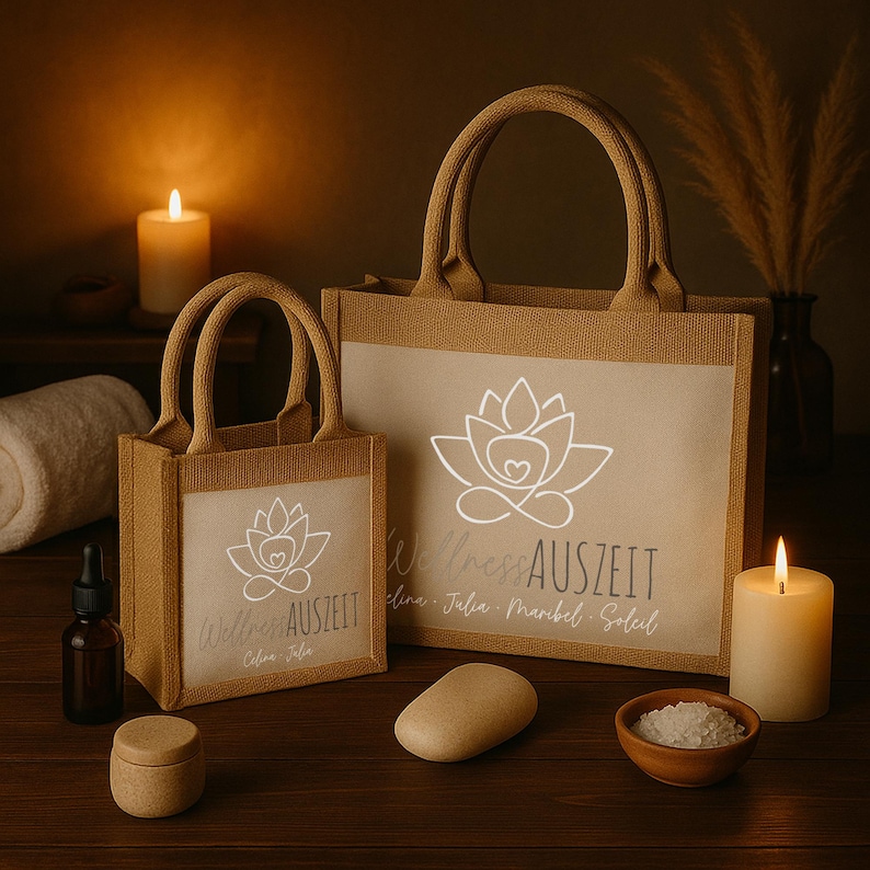 Puede incluir: Dos bolsas de mano de yute con frentes de lona blanca, con un logotipo de flor de loto y el texto "Wellness Auszeit". Las bolsas son de diferentes tama&ntilde;os, con asas a juego. Una vela encendida, un peque&ntilde;o cuenco de madera con sal y otros art&iacute;culos de spa est&aacute;n cerca.