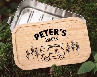 Personalized lunch box, stainless steel lunch box divider, wooden lunch box with name, camper gift, gifts for men