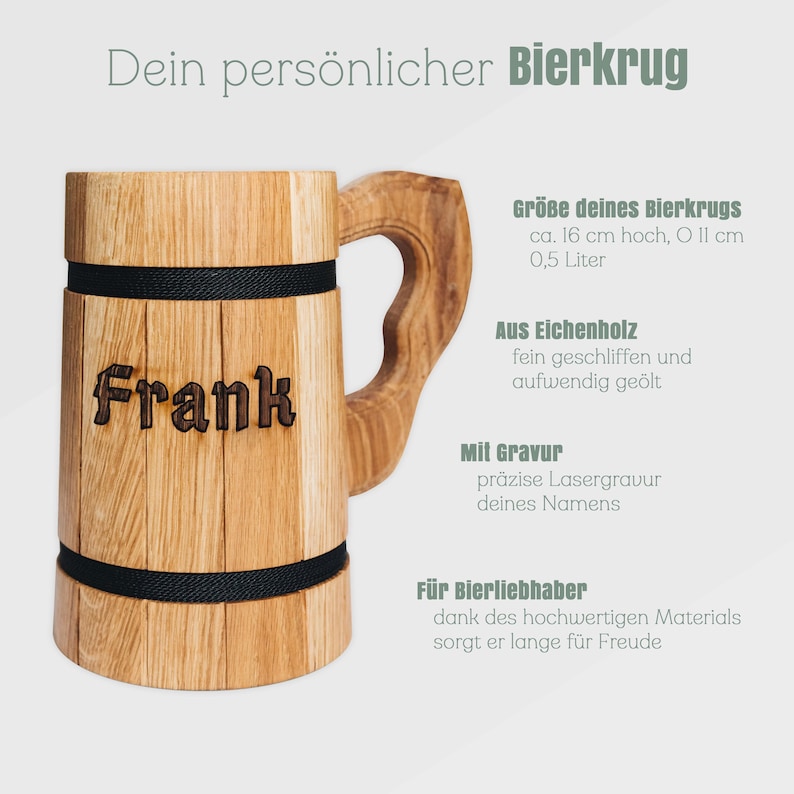 Op de afbeelding: Houten bierpul met een handvat, met de naam "Frank" gegraveerd. De pul is gemaakt van eikenhout en heeft zwarte banden. De tekst "Dein pers&ouml;nlicher Bierkrug" staat bovenaan. Afmetingen: 16 cm hoog, 11 cm breed.