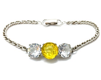 Antique Art Deco Sterling Silver Clear & Citrine Paste Three-Stone Chain Bracelet